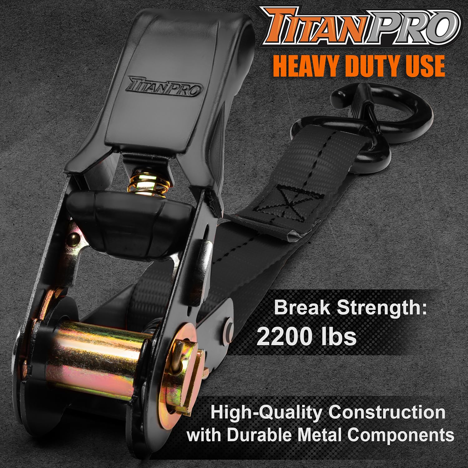 TitanPro Ratchet Tie Down Straps 4-Pack - 2,200lb Test Strength, Premium 1'' x 15' Rachet Tie Downs with Padded Handles | Heavy